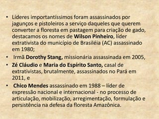 • Líderes importantíssimos foram assassinados por
jagunços e pistoleiros a serviço daqueles que querem
converter a floresta em pastagem para criação de gado,
destacamos os nomes de Wilson Pinheiro, líder
extrativista do município de Brasiléia (AC) assassinado
em 1980;
• Irmã Dorothy Stang, missionária assassinada em 2005,
• Zé Cláudio e Maria do Espírito Santo, casal de
extrativistas, brutalmente, assassinados no Pará em
2011, e
• Chico Mendes assassinado em 1988 – líder de
expressão nacional e internacional - no processo de
articulação, mobilização, arregimentação, formulação e
persistência na defesa da floresta Amazônica.
 