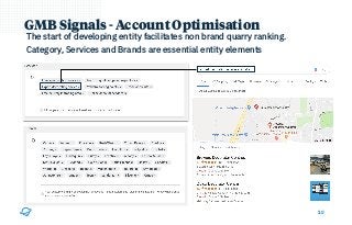 10
GMB Signals - Account Optimisation
The start of developing entity facilitates non brand quarry ranking.
Category, Services and Brands are essential entity elements
 