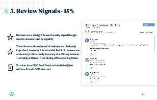 13
3. Review Signals - 15%
Reviews are a straight forward quality signal Google
uses to asses an entity’s quality
The volume and sentiment of reviews are obviously
important, however it is essential that ALL reviews are
answered professionally in a very strict timely manner
- certainly within an hour during ofﬁce opening times. 
It is also local SEO Best Practice to initiate Q&As
within a Brands GMB Account
 