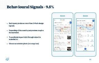 20
Behavioural Signals - 9.5%
• Each query produces one of two 3-Pack design
layouts. 
• Depending of the search query reviews may be
incorporated
• To positively impact click through rates it is
essential to:
• Choose an exterior photo (or a map icon)
 
