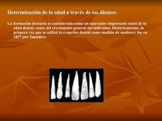 Determinación de la edad a través de los dientes:   La formación dentaria es considerada como un marcador importante tanto de la edad dental, como del crecimiento general del individuo. Históricamente, la primera vez que se utilizó la erupción dental como medida de madurez fue en 1837 por Saunders.   