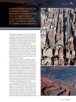 283 | JULHO 2011 | CIÊNCIAHOJE | 41
C I Ê N C I A S D A T E R R A
>>>
diretamente as paisagens em 40% a 50% do planeta
e marcas de sua influência afetam mais de 83% da
superfícieterrestre(éachamada‘pegadaantrópica’).
A habilidade de rápida locomoção humana faz com
que apenas 10% da superfície global sejam conside-
rados‘regiõesremotas’(queficamamaisde48horas
de viagem, a partir de uma grande cidade).
Somos hoje quase 7 bilhões de pessoas consu-
mindo alimentos, combustíveis fósseis e água potá-
vel; produzindo lixo, poluindo e predando; compe-
tindo por recursos e por espaço com os outros seres
vivos; introduzindo espécies exóticas e alterando
hábitats, ecossistemas e biomas inteiros, de uma
forma que pouco poderá ser suavizada até 2050,
quando provavelmente atingiremos a marca de 10
bilhões de seres humanos.
Essa situação tende a piorar. Segundo vários es-
tudos, muitos viabilizados pelo Painel Intergover-
namental sobre Mudanças Climáticas (IPCC, na
sigla em inglês), o cenário ambiental previsto para
as próximas décadas é alarmante. O secretário da
Convenção sobre a Diversidade Biológica da Orga-
nização das Nações Unidas (ONU), Oliver Hillel,
afirma que até 2030 cerca de 75% das espécies
animais e vegetais poderão estar ameaçadas de ex-
tinção. Alguns estudiosos consideram esse fenôme-
no como a sexta ‘grande extinção’ do planeta. Ex-
tinções que talvez tenham sido influenciadas pelos
seres humanos podem ser datadas desde o Pleisto-
ceno, época anterior ao Holoceno, mas não na mag-
nitude e na velocidade do processo atual.
A biomassa somada dos humanos chega a 40 mi-
lhões de toneladas de carbono (C), e já é oito vezes
maior que a de vertebrados terrestres selvagens (5
milhões de toneladas de C). A biomassa de verte-
brados marinhos (50 milhões de toneladas de C),
ainda é maior que a humana, mas equivale apenas
à metade da biomassa dos animais domesticados
pela humanidade, incluindo diferentes tipos de cria-
ções (bois, cavalos, cabras, ovelhas, galinhas e outros)
A PARTIR DE MEADOS DO SÉCULO 18,
OS HUMANOS ALTERARAM
DIRETAMENTE AS PAISAGENS EM 40%
A 50% DO PLANETA E MARCAS
DE SUA INFLUÊNCIA AFETAM MAIS
DE 83% DA SUPERFÍCIE TERRESTRE
(É A CHAMADA ‘PEGADA ANTRÓPICA’)
FOTOJACQUESJANGOUX/PHOTORESEARCHERS/LATINSTOCKFOTOANTONFRANCK/MILLENNIUMIMAGES/LATINSTOCK
 