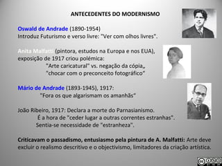 ANTECEDENTES DO MODERNISMO
Oswald de Andrade (1890-1954)
Introduz Futurismo e verso livre: "Ver com olhos livres".
Anita Malfatti (pintora, estudos na Europa e nos EUA),
exposição de 1917 criou polémica:
"Arte caricatural" vs. negação da cópia„
"chocar com o preconceito fotográfico“
Mário de Andrade (1893-1945), 1917:
"Fora os que algarismam os amanhãs“
João Ribeiro, 1917: Declara a morte do Parnasianismo.
É a hora de "ceder lugar a outras correntes estranhas".
Sentia-se necessidade de "estranheza".
Criticavam o passadismo, entusiasmo pela pintura de A. Malfatti: Arte deve
excluir o realismo descritivo e o objectivismo, limitadores da criação artística.
 