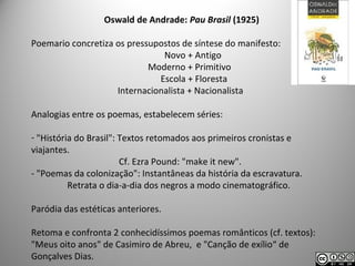 Oswald de Andrade: Pau Brasil (1925)
Poemario concretiza os pressupostos de síntese do manifesto:
Novo + Antigo
Moderno + Primitivo
Escola + Floresta
Internacionalista + Nacionalista
Analogias entre os poemas, estabelecem séries:
- "História do Brasil": Textos retomados aos primeiros cronistas e
viajantes.
Cf. Ezra Pound: "make it new".
- "Poemas da colonização": Instantâneas da história da escravatura.
Retrata o dia-a-dia dos negros a modo cinematográfico.
Paródia das estéticas anteriores.
Retoma e confronta 2 conhecidíssimos poemas românticos (cf. textos):
"Meus oito anos" de Casimiro de Abreu, e "Canção de exílio“ de
Gonçalves Dias.
 