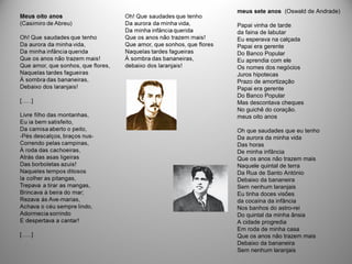 meus sete anos (Oswald de Andrade)
Papai vinha de tarde
da faina de labutar
Eu esperava na calçada
Papai era gerente
Do Banco Popular
Eu aprendia com ele
Os nomes dos negócios
Juros hipotecas
Prazo de amortização
Papai era gerente
Do Banco Popular
Mas descontava cheques
No guichê do coração.
meus oito anos
Oh que saudades que eu tenho
Da aurora da minha vida
Das horas
De minha infância
Que os anos não trazem mais
Naquele quintal de terra
Da Rua de Santo António
Debaixo da bananeira
Sem nenhum laranjais
Eu tinha doces visões
da cocaína da infância
Nos banhos do astro-rei
Do quintal da minha ânsia
A cidade progredia
Em roda de minha casa
Que os anos não trazem mais
Debaixo da bananeira
Sem nenhum laranjais
 