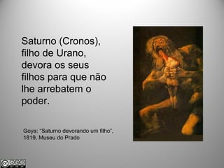 Saturno (Cronos),
filho de Urano,
devora os seus
filhos para que não
lhe arrebatem o
poder.
Goya: “Saturno devorando um filho”,
1819, Museu do Prado
 