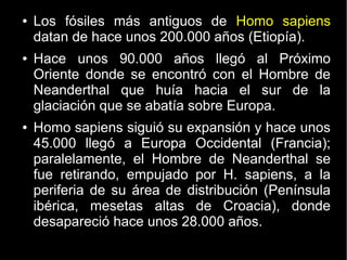 ● Los fósiles más antiguos de Homo sapiens 
datan de hace unos 200.000 años (Etiopía). 
● Hace unos 90.000 años llegó al Próximo 
Oriente donde se encontró con el Hombre de 
Neanderthal que huía hacia el sur de la 
glaciación que se abatía sobre Europa. 
● Homo sapiens siguió su expansión y hace unos 
45.000 llegó a Europa Occidental (Francia); 
paralelamente, el Hombre de Neanderthal se 
fue retirando, empujado por H. sapiens, a la 
periferia de su área de distribución (Península 
ibérica, mesetas altas de Croacia), donde 
desapareció hace unos 28.000 años. 
 