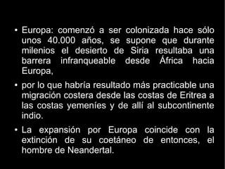 ● Europa: comenzó a ser colonizada hace sólo 
unos 40.000 años, se supone que durante 
milenios el desierto de Siria resultaba una 
barrera infranqueable desde África hacia 
Europa, 
● por lo que habría resultado más practicable una 
migración costera desde las costas de Eritrea a 
las costas yemeníes y de allí al subcontinente 
indio. 
● La expansión por Europa coincide con la 
extinción de su coetáneo de entonces, el 
hombre de Neandertal. 
 