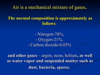 Air is a mechanical mixture of gases.

The normal composition is approximately as
               follows:

               - Nitrogen-78%,
                - Oxygen-21%,
           - Carbon dioxide-0.03%

and other gases – argon, neon, helium, as well
as water vapor and suspended matter such as
           dust, bacteria, spores.
 