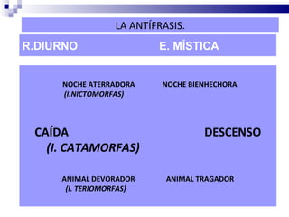LA ANTÍFRASIS.
R.DIURNO                 E. MÍSTICA


     NOCHE ATERRADORA     NOCHE BIENHECHORA
     (I.NICTOMORFAS)



 CAÍDA                             DESCENSO
   (I. CATAMORFAS)

     ANIMAL DEVORADOR      ANIMAL TRAGADOR
      (I. TERIOMORFAS)
 
