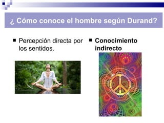 ¿ Cómo conoce el hombre según Durand?

   Percepción directa por      Conocimiento
    los sentidos.                indirecto
 