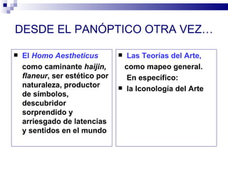 DESDE EL PANÓPTICO OTRA VEZ…

   El Homo Aestheticus          Las Teorías del Arte,
    como caminante haijin,       como mapeo general.
    flaneur, ser estético por     En específico:
    naturaleza, productor        la Iconología del Arte
    de símbolos,
    descubridor
    sorprendido y
    arriesgado de latencias
    y sentidos en el mundo
 