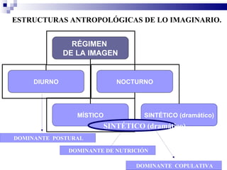 ESTRUCTURAS ANTROPOLÓGICAS DE LO IMAGINARIO.


                RÉGIMEN
              DE LA IMAGEN


     DIURNO                 NOCTURNO




                 MÍSTICO           SINTÉTICO (dramático)
                        SINTÉTICO (dramático)
DOMINANTE POSTURAL

               DOMINANTE DE NUTRICIÓN

                                 DOMINANTE COPULATIVA
 