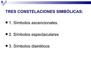 TRES CONSTELACIONES SIMBÓLICAS:

   1. Símbolos ascencionales.

   2. Símbolos espectaculares

   3. Símbolos diairéticos
 