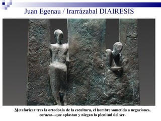 Juan Egenau / Irarrázabal DIAIRESIS




Metaforizar tras la ortodoxia de la escultura, el hombre sometido a negaciones,
              corazas...que aplastan y niegan la plenitud del ser.
 