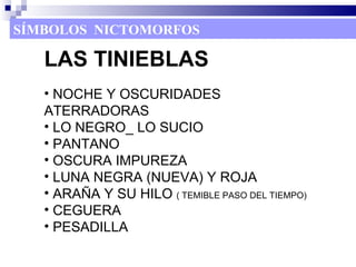 SÍMBOLOS NICTOMORFOS

   LAS TINIEBLAS
   • NOCHE Y OSCURIDADES
   ATERRADORAS
   • LO NEGRO_ LO SUCIO
   • PANTANO
   • OSCURA IMPUREZA
   • LUNA NEGRA (NUEVA) Y ROJA
   • ARAÑA Y SU HILO ( TEMIBLE PASO DEL TIEMPO)
   • CEGUERA
   • PESADILLA
 