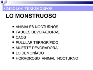 SÍMBOLOS TERIOMORFOS

LO MONSTRUOSO
      ANIMALES NOCTURNOS
      FAUCES DEVORADORAS,
      CAOS
      PULULAR TERRORÍFICO
      MUERTE DEVORADORA
      LO DEMONÍACO
      HORROROSO ANIMAL NOCTURNO
 