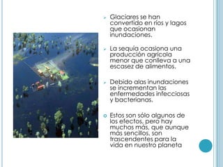 Las aves migratorias llegan antes a sus destinos de primavera y regresan más tarde a sus lugares de origen, lo cual altera los ecosistemas y los ciclos de reproducción.Glaciares se han convertido en ríos y lagos que ocasionan inundaciones.