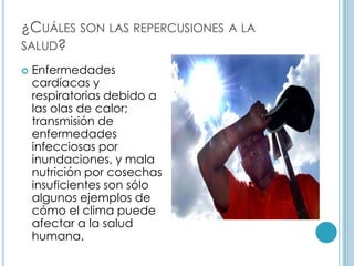 Debido alas inundaciones se incrementan las enfermedades infecciosas y bacterianas.Estos son sólo algunos de los efectos, pero hay muchos más, que aunque más sencillos, son trascendentes para la vida en nuestro planeta 