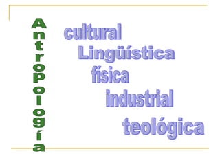 Antropología cultural Lingüística física industrial teológica 