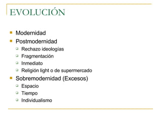 EVOLUCIÓN Modernidad Postmodernidad  Rechazo ideologías Fragmentación Inmediato Religión light o de supermercado Sobremodernidad (Excesos) Espacio Tiempo Individualismo 