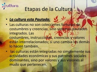 Etapas de la Cultura
• La cultura esta Pautada:
• Las culturas no son colecciones fortuitas de
  costumbres y creencias, sino sistemas pautados
  integrados. Las
  costumbres, instrucciones, creencias y valores
  están interrelacionados; si uno cambia los demás
  lo hacen también.
• las culturas están integradas no simplemente sus
  actividades económicas y sus patrones sociales
  dominantes, sino por valores y sus visiones al
  mudo que pertenecen.
 