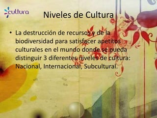 Niveles de Cultura
• La destrucción de recursos y de la
  biodiversidad para satisfacer apetitos
  culturales en el mundo donde se pueda
  distinguir 3 diferentes niveles de cultura:
  Nacional, Internacional, Subcultural.
 