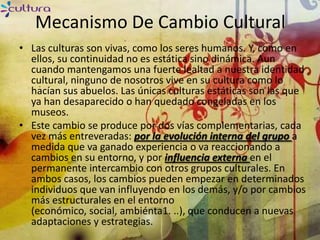 Mecanismo De Cambio Cultural
• Las culturas son vivas, como los seres humanos. Y, como en
  ellos, su continuidad no es estática sino dinámica. Aun
  cuando mantengamos una fuerte lealtad a nuestra identidad
  cultural, ninguno de nosotros vive en su cultura como lo
  hacían sus abuelos. Las únicas culturas estáticas son las que
  ya han desaparecido o han quedado congeladas en los
  museos.
• Este cambio se produce por dos vías complementarias, cada
  vez más entreveradas: por la evolución interna del grupo a
  medida que va ganado experiencia o va reaccionando a
  cambios en su entorno, y por influencia externa en el
  permanente intercambio con otros grupos culturales. En
  ambos casos, los cambios pueden empezar en determinados
  individuos que van influyendo en los demás, y/o por cambios
  más estructurales en el entorno
  (económico, social, ambiénta1. ..), que conducen a nuevas
  adaptaciones y estrategias.
 