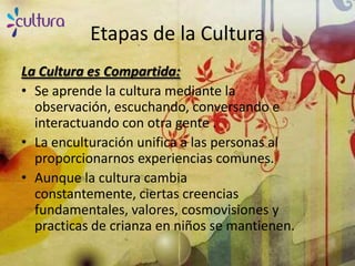 Etapas de la Cultura
La Cultura es Compartida:
• Se aprende la cultura mediante la
  observación, escuchando, conversando e
  interactuando con otra gente .
• La enculturación unifica a las personas al
  proporcionarnos experiencias comunes.
• Aunque la cultura cambia
  constantemente, ciertas creencias
  fundamentales, valores, cosmovisiones y
  practicas de crianza en niños se mantienen.
 