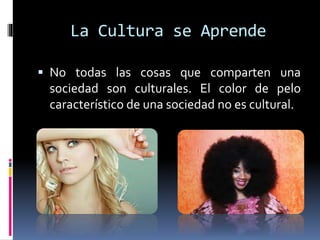 La Cultura se Aprende
 No todas las cosas que comparten una
sociedad son culturales. El color de pelo
característico de una sociedad no es cultural.
 