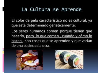 La Cultura se Aprende
El color de pelo característico no es cultural, ya
que está determinado genéticamente.
Los seres humanos comen porque tienen que
hacerlo, pero lo que comen , cuándo y cómo lo
hacen , son cosas que se aprenden y que varían
de una sociedad a otra.
 