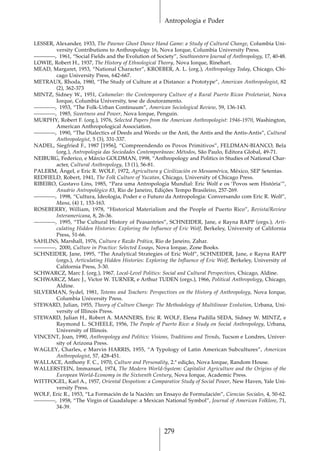 Antropologia e Poder


LESSER, Alexander, 1933, The Pawnee Ghost Dance Hand Game: a Study of Cultural Change, Columbia Uni-
        versity Contributions to Anthropology 16, Nova Iorque, Columbia University Press.
————, 1961, “Social Fields and the Evolution of Society”, Southwestern Journal of Anthropology, 17, 40-48.
LOWIE, Robert H., 1937, The History of Ethnological Theory, Nova Iorque, Rinehart.
MEAD, Margaret, 1953, “National Character”, KROEBER, A. L. (org.), Anthropology Today, Chicago, Chi-
        cago University Press, 642-667.
METRAUX, Rhoda, 1980, “The Study of Culture at a Distance: a Prototype”, American Anthropologist, 82
        (2), 362-373
MINTZ, Sidney W., 1951, Cañamelar: the Contemporary Culture of a Rural Puerto Rican Proletariat, Nova
        Iorque, Columbia University, tese de doutoramento.
————, 1953, “The Folk-Urban Continuum”, American Sociological Review, 59, 136-143.
————, 1985, Sweetness and Power, Nova Iorque, Penguin.
MURPHY, Robert F. (org.), 1976, Selected Papers from the American Anthropologist: 1946-1970, Washington,
        American Anthropological Association.
————, 1990, “The Dialectics of Deeds and Words: or the Anti, the Antis and the Antis-Antis”, Cultural
        Anthropologist, 5 (3), 331-337.
NADEL, Siegfried F., 1987 [1956], “Compreendendo os Povos Primitivos”, FELDMAN-BIANCO, Bela
        (org.), Antropologia das Sociedades Contemporâneas: Métodos, São Paulo, Editora Global, 49-71.
NEIBURG, Federico, e Márcio GOLDMAN, 1998, “Anthropology and Politics in Studies of National Char-
        acter, Cultural Anthropology, 13 (1), 56-81.
PALERM, Ángel, e Eric R. WOLF, 1972, Agricultura y Civilización en Mesoamérica, México, SEP Setentas.
REDFIELD, Robert, 1941, The Folk Culture of Yucatan, Chicago, University of Chicago Press.
RIBEIRO, Gustavo Lins, 1985, “Para uma Antropologia Mundial: Eric Wolf e os ‘Povos sem História’”,
        Anuário Antropológico 83, Rio de Janeiro, Edições Tempo Brasileiro, 257-269.
————, 1998, “Cultura, Ideologia, Poder e o Futuro da Antropologia: Conversando com Eric R. Wolf”,
        Mana, (4) 1, 153-163.
ROSEBERRY, William, 1978, “Historical Materialism and the People of Puerto Rico”, Revista/Review
        Interamericana, 8, 26-36.
————, 1995, “The Cultural History of Peasantries”, SCHNEIDER, Jane, e Rayna RAPP (orgs.), Arti-
        culating Hidden Histories: Exploring the Influence of Eric Wolf, Berkeley, University of California
        Press, 51-66.
SAHLINS, Marshall, 1976, Cultura e Razão Prática, Rio de Janeiro, Zahar.
————, 2000, Culture in Practice: Selected Essays, Nova Iorque, Zone Books.
SCHNEIDER, Jane, 1995, “The Analytical Strategies of Eric Wolf”, SCHNEIDER, Jane, e Rayna RAPP
        (orgs.), Articulating Hidden Histories: Exploring the Influence of Eric Wolf, Berkeley, University of
        California Press, 3-30.
SCHWARCZ, Marc J. (org.), 1967, Local-Level Politics: Social and Cultural Perspectives, Chicago, Aldine.
SCHWARCZ, Marc J., Victor W. TURNER, e Arthur TUDEN (orgs.), 1966, Political Anthropology, Chicago,
        Aldine.
SILVERMAN, Sydel, 1981, Totems and Teachers: Perspectives on the History of Anthropology, Nova Iorque,
        Columbia University Press.
STEWARD, Julian, 1955, Theory of Culture Change: The Methodology of Multilinear Evolution, Urbana, Uni-
        versity of Illinois Press.
STEWARD, Julian H., Robert A. MANNERS, Eric R. WOLF, Elena Padilla SEDA, Sidney W. MINTZ, e
        Raymond L. SCHEELE, 1956, The People of Puerto Rico: a Study on Social Anthropology, Urbana,
        University of Illinois.
VINCENT, Joan, 1990, Anthropology and Politics: Visions, Traditions and Trends, Tucson e Londres, Univer-
        sity of Arizona Press.
WAGLEY, Charles, e Marvin HARRIS, 1955, “A Typology of Latin American Subcultures”, American
        Anthropologist, 57, 428-451.
WALLACE, Anthony F. C., 1970, Culture and Personality, 2.ª edição, Nova Iorque, Random House.
WALLERSTEIN, Immanuel, 1974, The Modern World-System: Capitalist Agriculture and the Origins of the
        European World-Economy in the Sixteenth Century, Nova Iorque, Academic Press.
WITTFOGEL, Karl A., 1957, Oriental Despotism: a Comparative Study of Social Power, New Haven, Yale Uni-
        versity Press.
WOLF, Eric R., 1953, “La Formación de la Nación: un Ensayo de Formulación”, Ciencias Sociales, 4, 50-62.
————, 1958, “The Virgin of Guadalupe: a Mexican National Symbol”, Journal of American Folklore, 71,
        34-39.



                                                        279
 