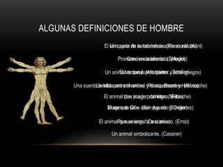 ALGUNAS DEFINICIONES DE HOMBREUna parte de la naturaleza. (Presocráticos)El ser capaz de autodeterminación moral. (Kant)Prometeo encadenado. (Sófocles)Conciencia alienada. (Hegel)El ser que puede querer. (Schiller)Un animal racional. (Aristóteles y otros griegos)Un lobo para el hombre. (Plauto, Bacon y Hobbes)Una cuerda tendida entre el animal y el superhombre. (Nietzsche)Una imagen del lógos. (Filón)El animal que puede prometer. (Nietzsche)Imagen de Dios. (San Agustín y Orígenes)El ser que sabe decir que no. (Scheler)Pensamiento. (Descartes)El animal que se engaña a sí mismo. (Ernst)Un animal simbolizante. (Cassirer)