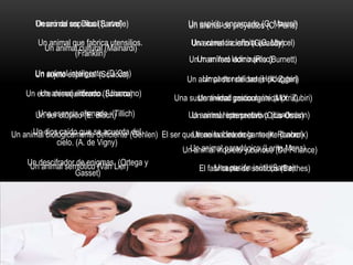 Un animal espiritual (Lavelle)Un espíritu encarnado (G. Marcel)Deseo de ser Dios (Sartre)Un animal de proyectos (C. París)Un animal que fabrica utensilios. (Franklin)Una carencia infinita (G. Marcel)Un animal incierto (Garaudy)Un animal cultural (Mainardi)Un animal ladino (Rico)Un mamífero dominante (Burnett)Un animal inteligente. (D´Ors)Un sujeto espiritual (Sciacca)Un pastor del ser (Heidegger)Un animal de realidades (X. Zubiri)Un animal enfermo. (Unamuno)Un ente desequilibrado (Sciacca)Un animal gesticulante (Morris)Una sustentividadpsicoorgánica (X. Zubiri)Una esencia alienada. (Tillich)Un animal representativo (Landmann)Un ser utópico (E. Bloch)Un animal interpretivo (Ortis-Osés)Un dios caído que se acuerda del cielo. (A. de Vigny)Un animal interrogante (k. Ranher)Un animal biológicamente deficiente (Gehlen)El ser que tiene la idea de la muerte (Lacroix)Un animal paradógico (Lorite Mena)Un animal inquieto y curioso (De Finance)Un descifrador de enigmas. (Ortega y Gasset)Un animal semiótico (Van Lier)Una pasión inútil (Sartre)El fabricante de sentidos (Barthes)