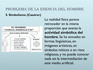 PROBLEMA DE LA ESENCIA DEL HOMBRE
5. Simbolismo (Cassirer)
La realidad física parece
retroceder en la misma
proporción que avanza la
actividad simbólica del
hombre. Se ha envuelto en
formas lingüísticas, en
imágenes artísticas, en
símbolos míticos o en ritos
religiosos, y no puede conocer
nada sin la intermediación de
este medio artificial.
 