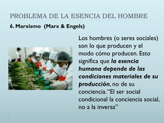 PROBLEMA DE LA ESENCIA DEL HOMBRE
6. Marxismo (Marx & Engels)
Los hombres (o seres sociales)
son lo que producen y el
modo cómo producen. Esto
significa que la esencia
humana depende de las
condiciones materiales de su
producción, no de su
conciencia.“El ser social
condicional la conciencia social,
no a la inversa”
 