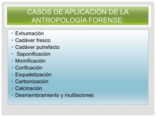 CASOS DE APLICACIÓN DE LA
ANTROPOLOGÍA FORENSE:
• Exhumación
• Cadáver fresco
• Cadáver putrefacto
• Saponificación
• Momificación
• Corificación
• Esqueletización
• Carbonización
• Calcinación
• Desmembramiento y mutilaciones
 