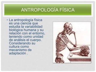 ANTROPOLOGÍA FÍSICA
• La antropología física
es una ciencia que
estudia la variabilidad
biológica humana y su
relación con el entorno,
teniendo como unidad
de análisis el cuerpo.
Considerando su
cultura como
mecanismo de
adaptación .
 