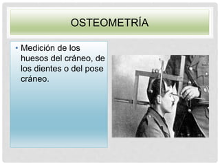 OSTEOMETRÍA
• Medición de los
huesos del cráneo, de
los dientes o del pose
cráneo.
 