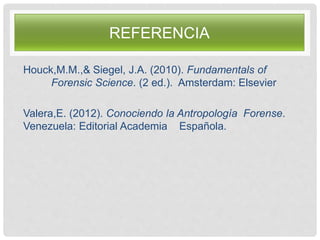 REFERENCIA
Houck,M.M.,& Siegel, J.A. (2010). Fundamentals of
Forensic Science. (2 ed.). Amsterdam: Elsevier
Valera,E. (2012). Conociendo la Antropología Forense.
Venezuela: Editorial Academia Española.
 