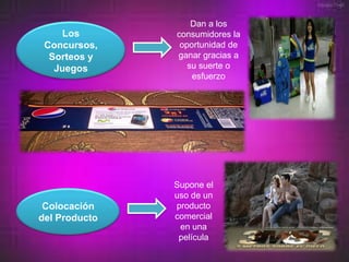 Dan a los
     Los       consumidores la
 Concursos,     oportunidad de
  Sorteos y    ganar gracias a
   Juegos         su suerte o
                   esfuerzo




               Supone el
               uso de un
 Colocación    producto
del Producto   comercial
                en una
                película
 