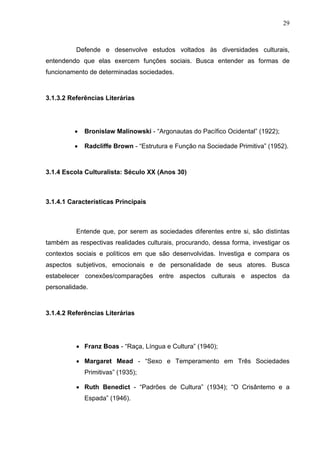 29



          Defende e desenvolve estudos voltados às diversidades culturais,
entendendo que elas exercem funções sociais. Busca entender as formas de
funcionamento de determinadas sociedades.



3.1.3.2 Referências Literárias




         •   Bronislaw Malinowski - “Argonautas do Pacífico Ocidental” (1922);

         •   Radcliffe Brown - “Estrutura e Função na Sociedade Primitiva” (1952).



3.1.4 Escola Culturalista: Século XX (Anos 30)



3.1.4.1 Características Principais



          Entende que, por serem as sociedades diferentes entre si, são distintas
também as respectivas realidades culturais, procurando, dessa forma, investigar os
contextos sociais e políticos em que são desenvolvidas. Investiga e compara os
aspectos subjetivos, emocionais e de personalidade de seus atores. Busca
estabelecer conexões/comparações entre aspectos culturais e aspectos da
personalidade.



3.1.4.2 Referências Literárias




          • Franz Boas - “Raça, Língua e Cultura” (1940);

          • Margaret Mead - “Sexo e Temperamento em Três Sociedades
             Primitivas” (1935);

          • Ruth Benedict - “Padrões de Cultura” (1934); “O Crisântemo e a
             Espada” (1946).
 