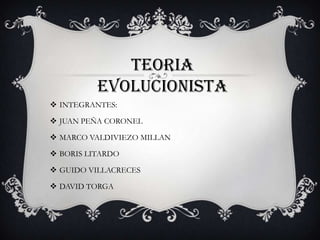 TEORIA
          EVOLUCIONISTA
 INTEGRANTES:

 JUAN PEÑA CORONEL

 MARCO VALDIVIEZO MILLAN

 BORIS LITARDO

 GUIDO VILLACRECES

 DAVID TORGA
 