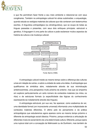 52
e que lhe permitiram fazer frente a seu meio ambiente e relacionar-se com seus
congêneres. Também na antropologia cultural há várias subdivisões: a arqueologia,
quando estuda os vestígios materiais de culturas que não contaram com testemunhos
escritos. A linguística antropológica (ou etnolinguística), que se ocupa de todas as
línguas passadas e presentes, com seus dois enfoques principais: estrutural e
genético. A linguagem é uma parte da cultura e pode esclarecer muitos aspectos da
história da cultura e da mudança cultural.
Fonte: Barrio (1996)
A antropologia cultural insiste ao mesmo tempo sobre a diferença das culturas
umas em relação às outras, e sobre a unidade de cada uma delas. A antropologia que
qualificamos de simbólica abre, notadamente através de sua reivindicação
antietnocentrista, uma perspectiva muito próxima da anterior, mas que se empenha
em explorar particularmente um certo número de conteúdos materiais (os mitos, os
ritos) e de estruturas formais (a especificidade das lógicas do conhecimento
expressando-se notadamente através das línguas).
A antropologia estrutural, por sua vez, faz aparecer, como acabamos de ver,
uma identidade formal (um inconsciente universal) informando uma multiplicidade de
conteúdos materiais diferentes. O último polo do pensamento e da prática
antropológicos que estudaremos agora aparece como ao mesmo tempo próximo e
diferente da antropologia social clássica. Próximo, porque evidencia a articulação de
diferentes níveis do social dentro de uma determinada cultura. Diferente, porque opera
uma ruptura total com a concepção de Malinowski ou de Durkheim, mas também de
 