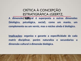 A dimensão cultural é superposta a outras dimensões
(biológica, psicológica, social), como um manto, um
complemento ou um verniz, mas o núcleo ainda é biológico.
Implicações: organiza e garante a especificidade de cada
matriz disciplinar, porém naturaliza e secundariza a
dimensão cultural à dimensão biológica.
CRÍTICA À CONCEPÇÃO
ESTRATIGRÁFICA (GEERTZ,
1989)
 