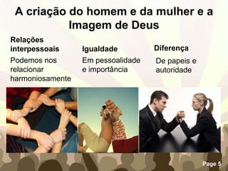 A criação do homem e da mulher e a Imagem de DeusDiferençaRelações interpessoaisIgualdadePodemos nos relacionar harmoniosamenteEm pessoalidade e importânciaDe papeis e autoridade