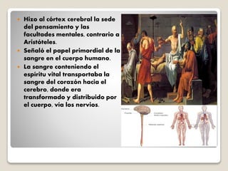  Hizo al córtex cerebral la sede
del pensamiento y las
facultades mentales, contrario a
Aristóteles.
 Señaló el papel primordial de la
sangre en el cuerpo humano.
 La sangre conteniendo el
espíritu vital transportaba la
sangre del corazón hacia el
cerebro, donde era
transformado y distribuido por
el cuerpo, vía los nervios.
 