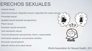 DERECHOS SEXUALES
Libertad sexual
Autonomía sexual, integridad sexual y seguridad del cuerpo sexual
Privacidad sexual
Igualdad sexual (equidad sexogenérica)
Placer sexual
Expresión sexual emocional
Libre asociación sexual
Toma de decisiones reproductivas, libres y responsables
Información basada en conocimiento científico
Educación sexual general
Atención clínica de la salud sexual
World Association for Sexual Health, 2014
 