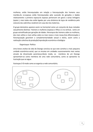 11
mulheres, estão hierarquizadas em relação a hierarquização dos homens seus
maridos.As co-esposas estão hierarquizadas pela sucessão de gerações e idades
relativamente a primeira esposa.As esposas pertencem em geral a varias linhagens
(epata ), mais todas elas estão ligadas por uma dinâmica de laços de residência pelo
costume dos sobrinhos residirem em casa dos tios maternos.
O grupo domestico aparece assim na horizontal como um conjunto de duas metades
sexualmente distintas –homens e mulheres (esposas e filhas )-e na vertical, como um
grupo estratificado por gerações de idades. Hierarquia dos homens sobre as mulheres,
dos mais velhos e mais velhas sobre os mais novos e mais novas.Esta diferenciação e
hierarquização garantem a complementariedade sexual e etária, assim como a
realização colectiva da produção/reprodução económica e biológica
Organizaçao Politica
Uma breve analise da vida do Osongo concluiu-se que este constitui a mais pequena
unidade económico-social, que se encaixa em unidades sucessivamente mais vastas
através da dinamicado parentesco.Deste modo, os membros de um Osongo
apresentam-se como membros de uma rede comunitária, como se apresenta na
ilustração que se segue:
Ilustraçao 2-O modo como se organiza a rede comunitária.
 