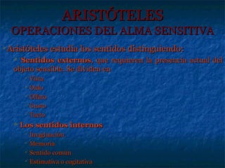 ARISTÓTELES
  OPERACIONES DEL ALMA SENSITIVA
Aristóteles estudia los            sentidos distinguiendo:
    Sentidos externos, que requieren la presencia actual del
   objeto sensible. Se dividen en
         Vista
         Oído

         Olfato

         Gusto

         Tacto

      Los sentidos internos
         Imaginación
         Memoria

         Sentido común

         Estimativa o cogitativa
 